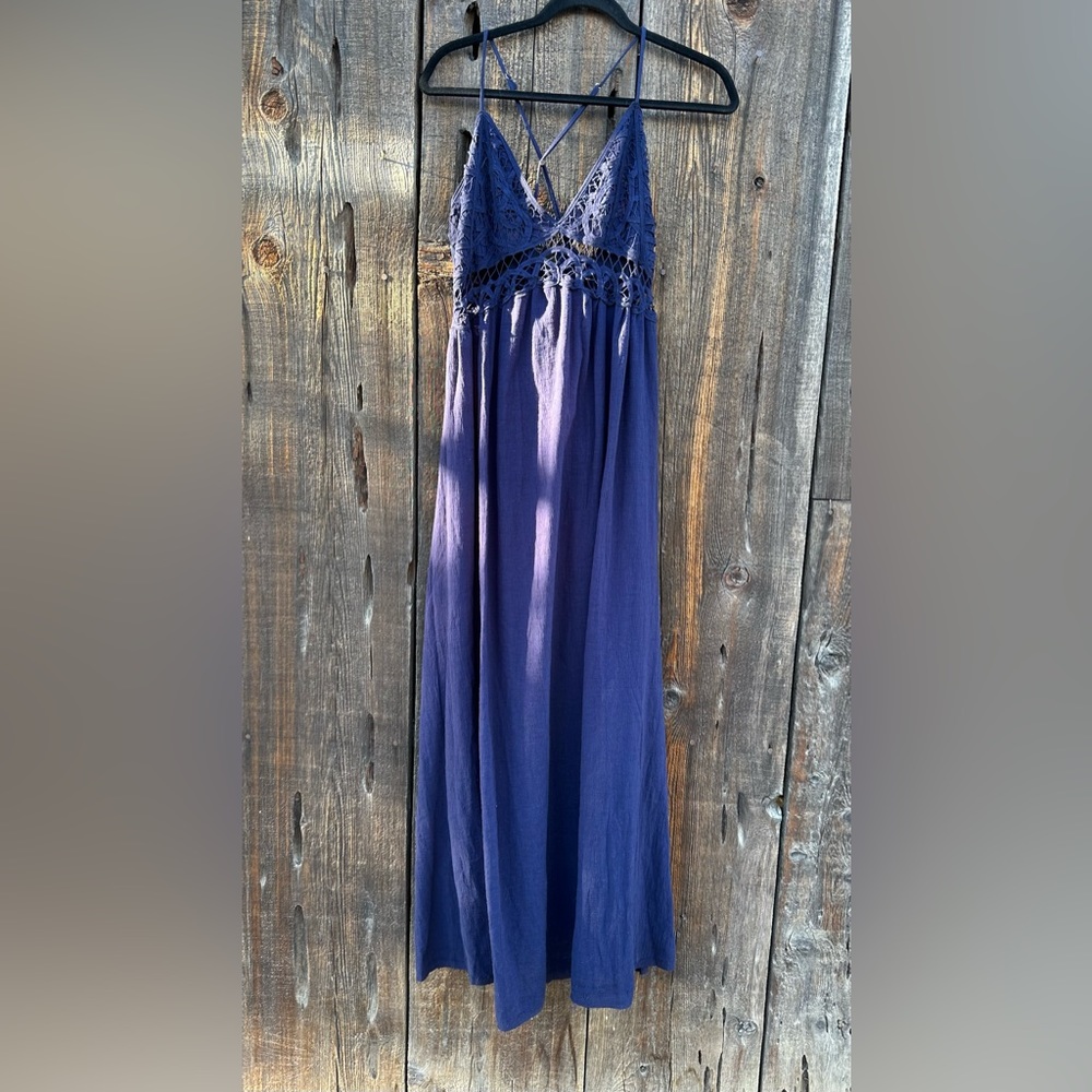 NWT Moon River Navy Blue Cotton Lace Tie Back Maxi Dress with Adjustable Straps - Picture 4 of 10